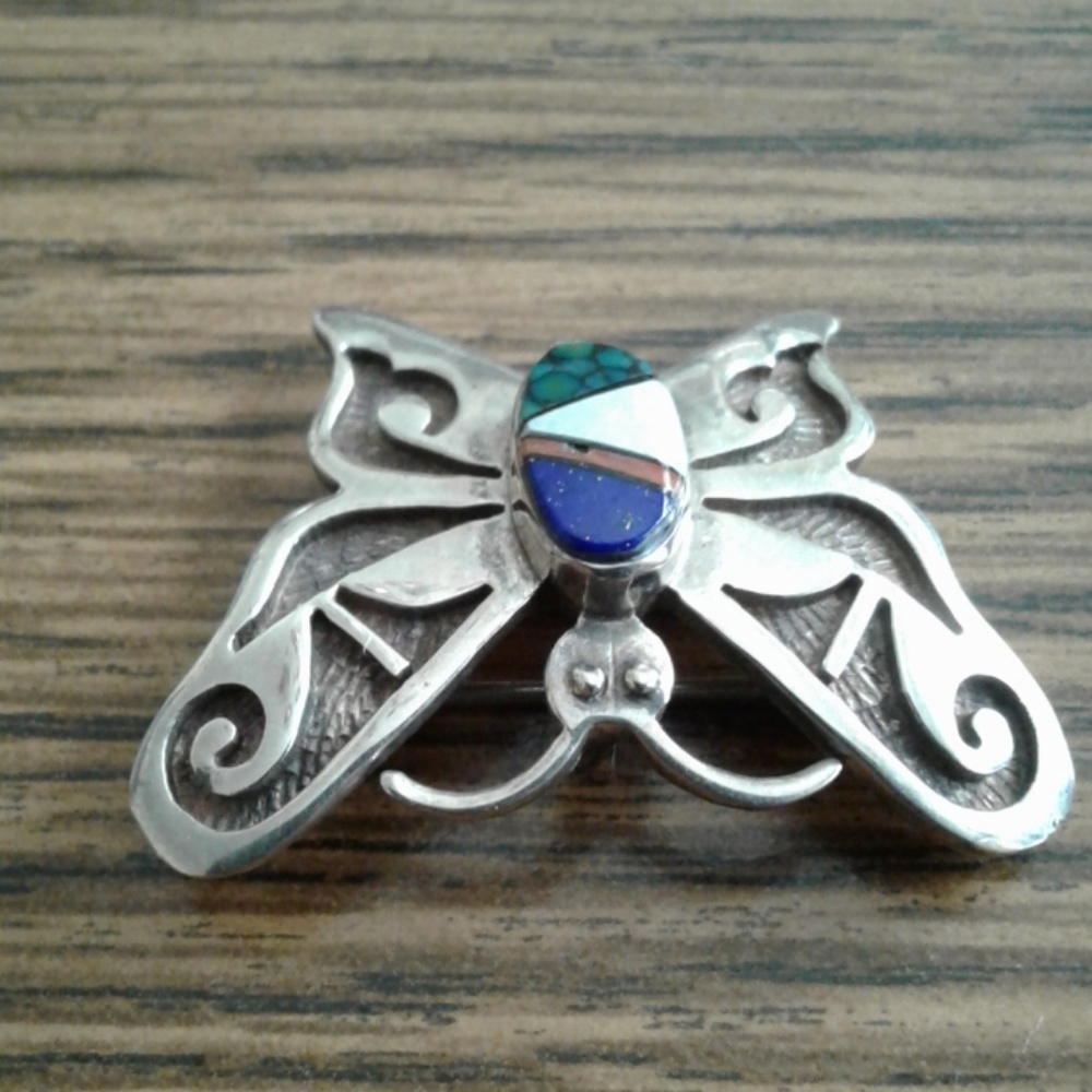 SOLD Vintage Navajo Native American Charlie Bowie Inlaid Pin Pendant - Picture 3 of 6